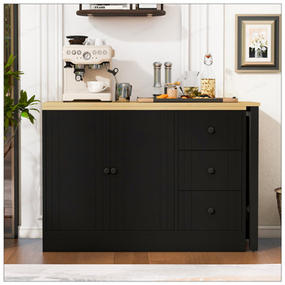 Wooden Sideboard With Extendable Table, Multifunctional Storage Cabinet With 2 Doors And 3 Drawers For Various Rooms