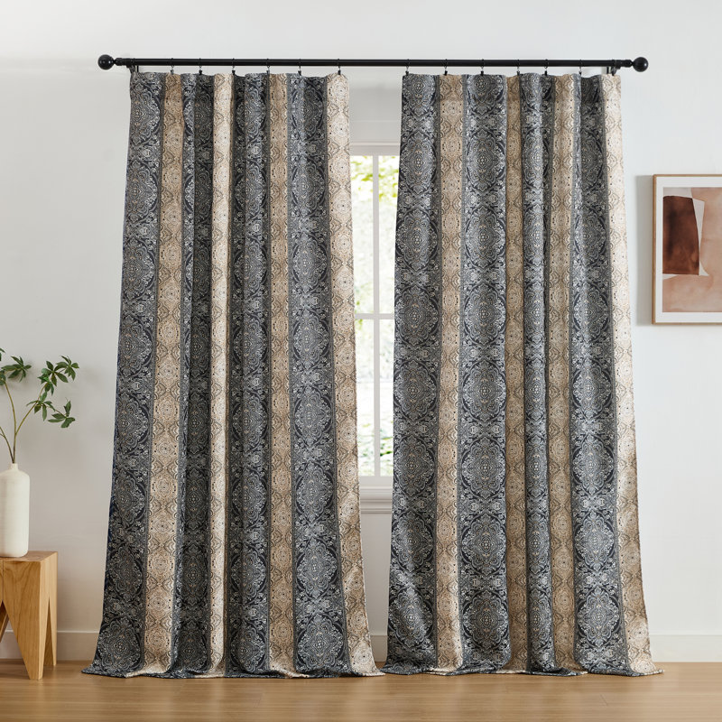 HLC.ME William Boho Damask Striped Patterned Window Back Tab Rod Pocket Curtains Bedroom - Light Blocking Darkening Window Panels, Set of 2 (Black, 52 W x 96 L)