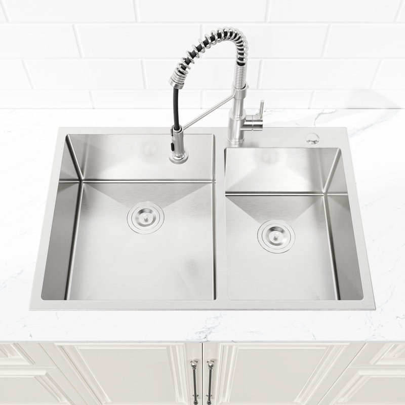 Évier de cuisine en acier inoxydable 33 "x 19" sur comptoir, double cuve, pour un bol moderne avec caractéristiques d'insonorisation et de drainage