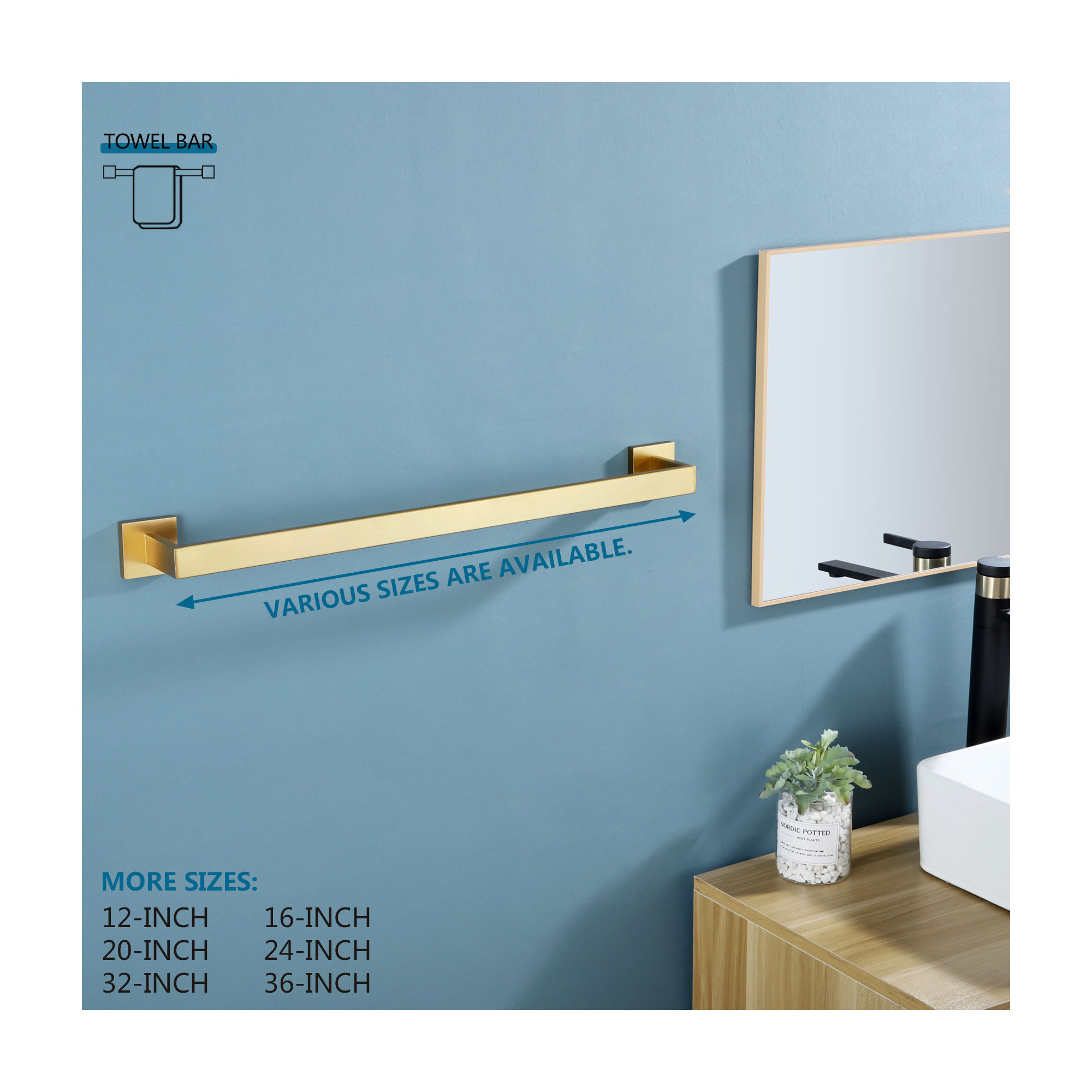 25.5" Wall Mounted Towel Bar, Brushed Gold, 2" H x 25.5" W x 3" D