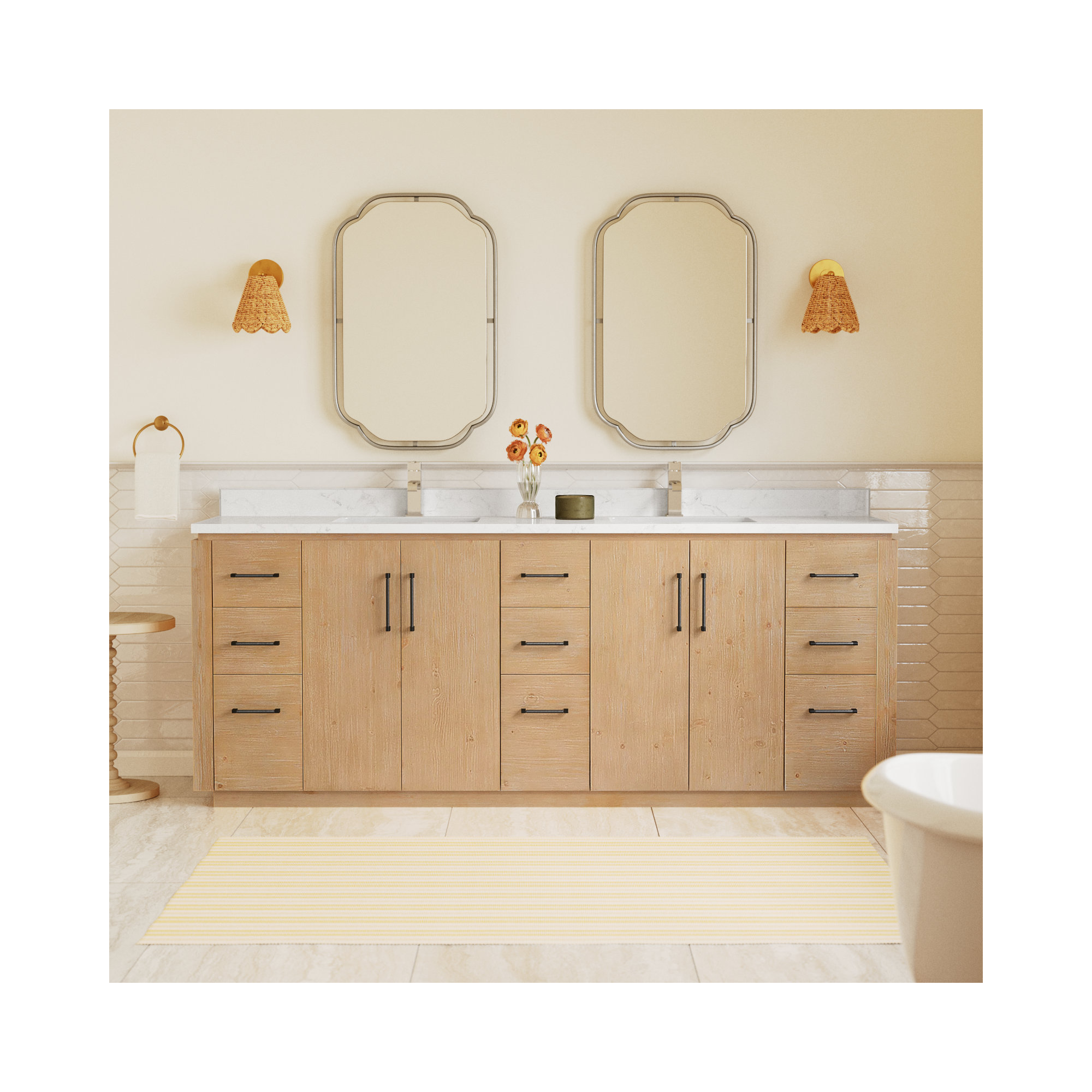 Cloverfield 84'' Double Bathroom Vanity, Fir Wood Brown, Matte Black