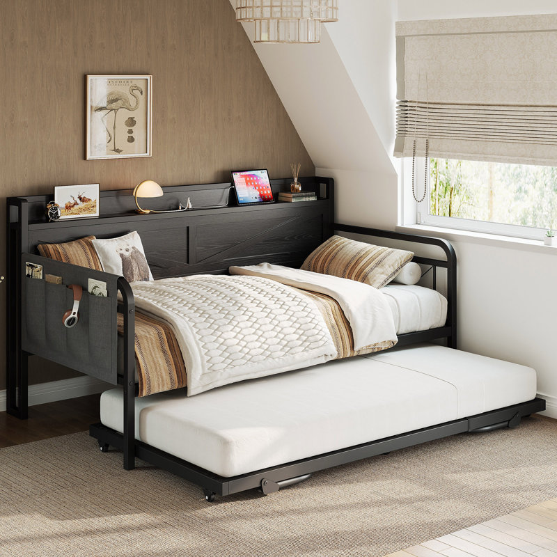 Lit de jour simple avec lit gigogne et tête de chargement, conception peu encombrante pour les appartements, Noir