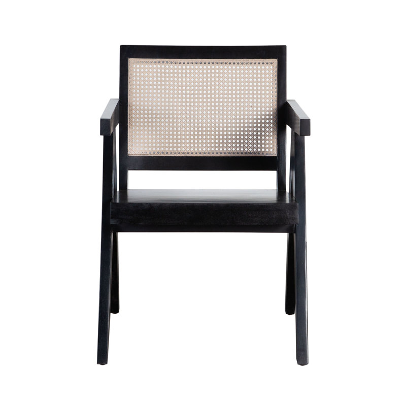 Fauteuil de salle à manger Kato, dossier canne, 24 pouces, bois de manguier massif brun naturel, Noir / brun