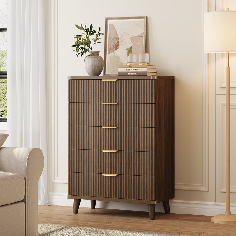 Commode à 5 tiroirs cannelés pour chambre à coucher, commode moderne de 28 po avec tiroirs profonds, organisateur de tiroir en bois pour salon, couloir, chambre de bébé, garde-robe de couloir