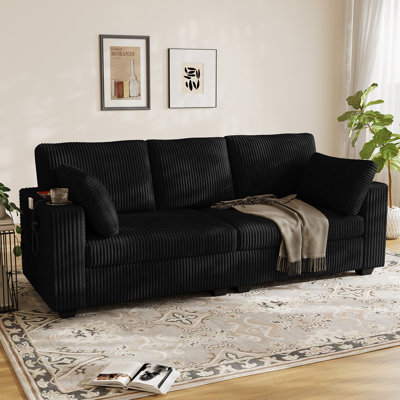 Canapé en velours côtelé l 82 po avec porte-gobelets, poches de rangement et ports USB - canapé noir