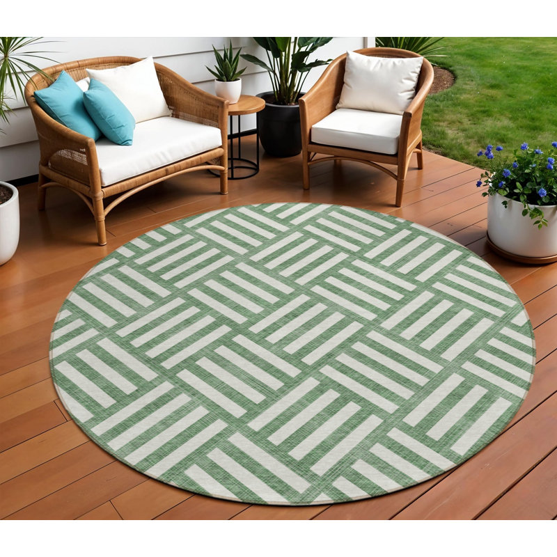 Tapis intérieur / extérieur rond rond 8 pi vert et ivoire 8 po