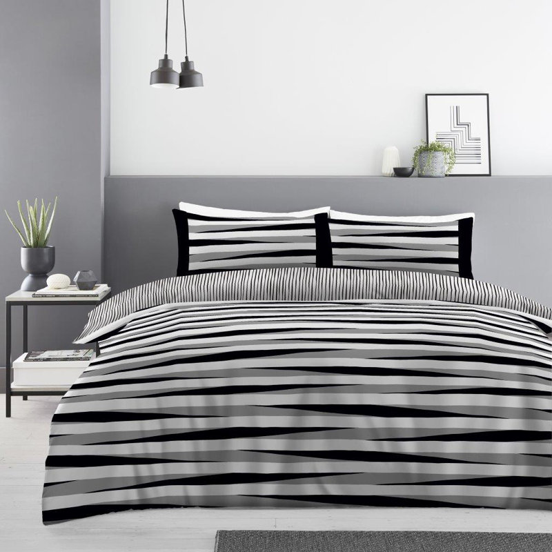 Duvet Cover Set with Pillowcases, Black/White, Striped, King Duvet Cover Set + 3 Additional Pieces