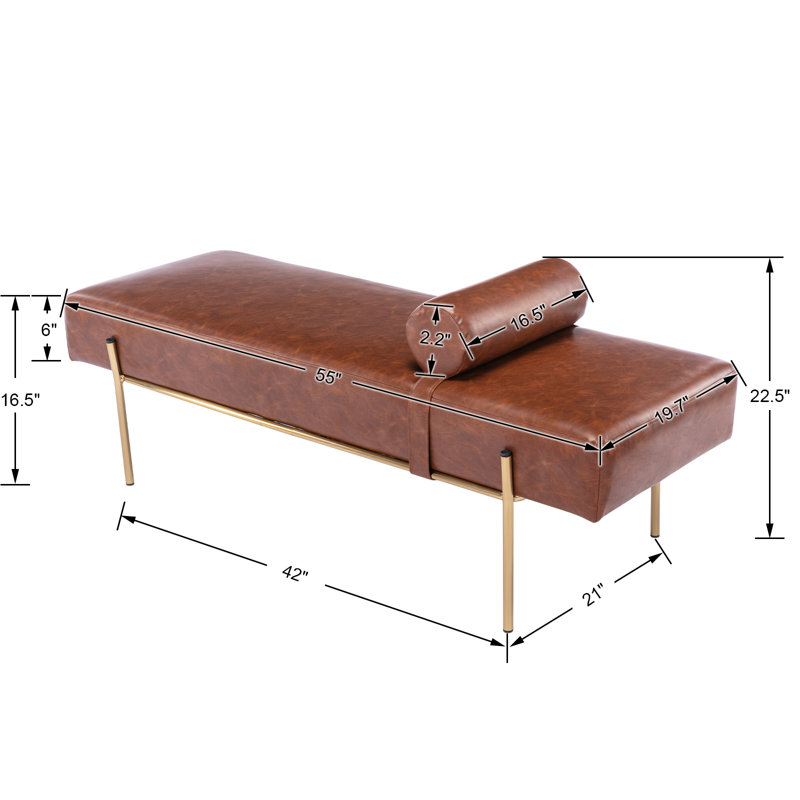 Brown Faux Leather Upholstered Bench with Gold Legs and Pillow