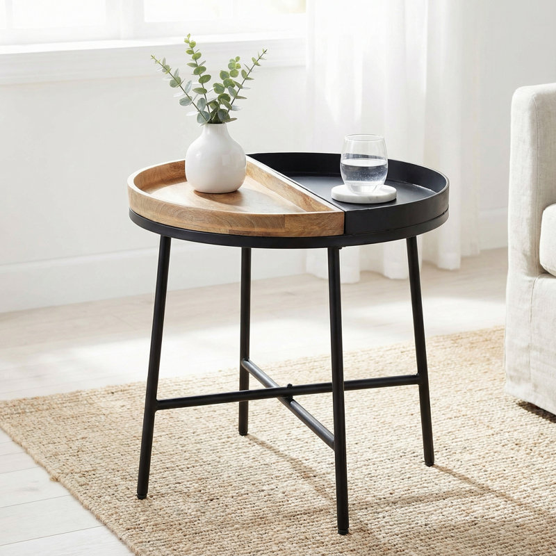 Table d'appoint Dalma avec demi-plateau en bois et demi-métal, ronde 22 po