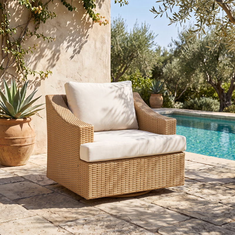Chaise d'extérieur pivotante en rotin avec coussins