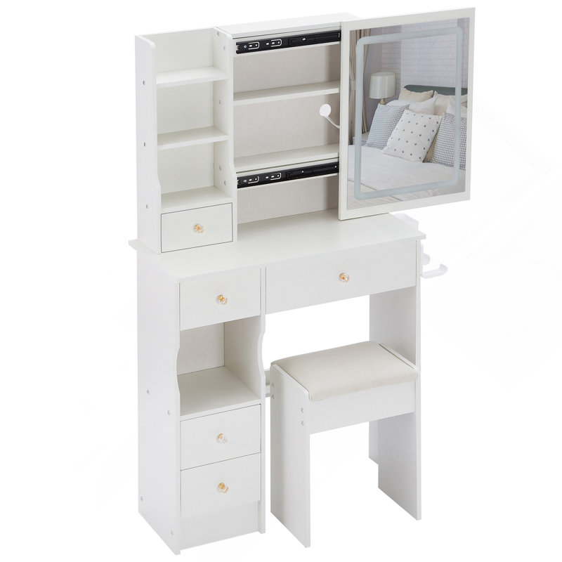 29.2" Small Size Left Drawer Desktop Vanity Table With Cushioned Stool,2 AC Outlets And 2 USB Ports Power Station,Hair Dryer Bracket,Brightness Adjustment