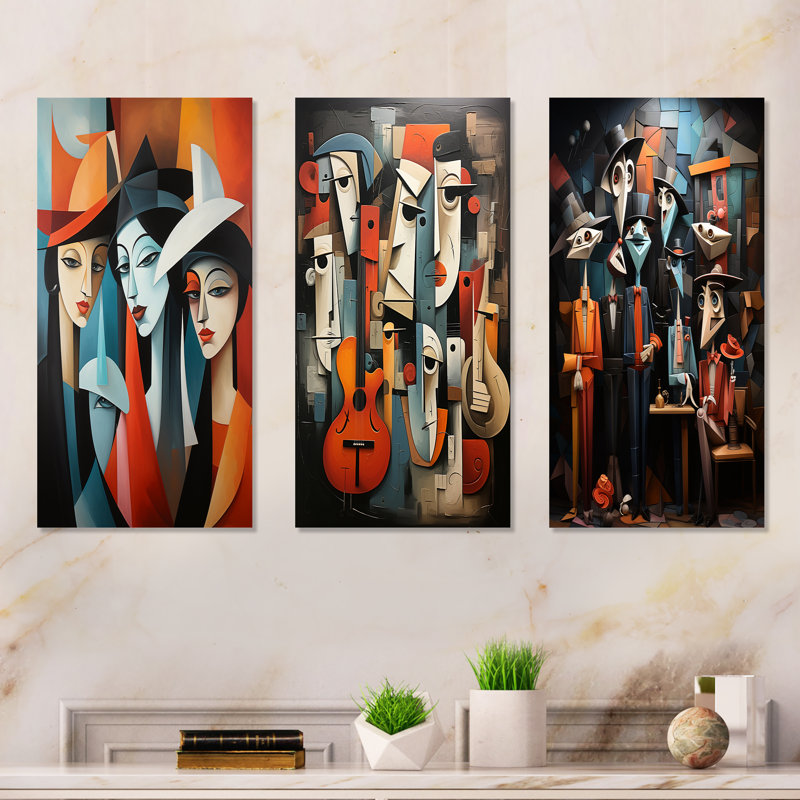 «Music Performance Cubist Portrait I» - ensemble d'art mural en métal 3 pièces, H 32 po x l 48 po