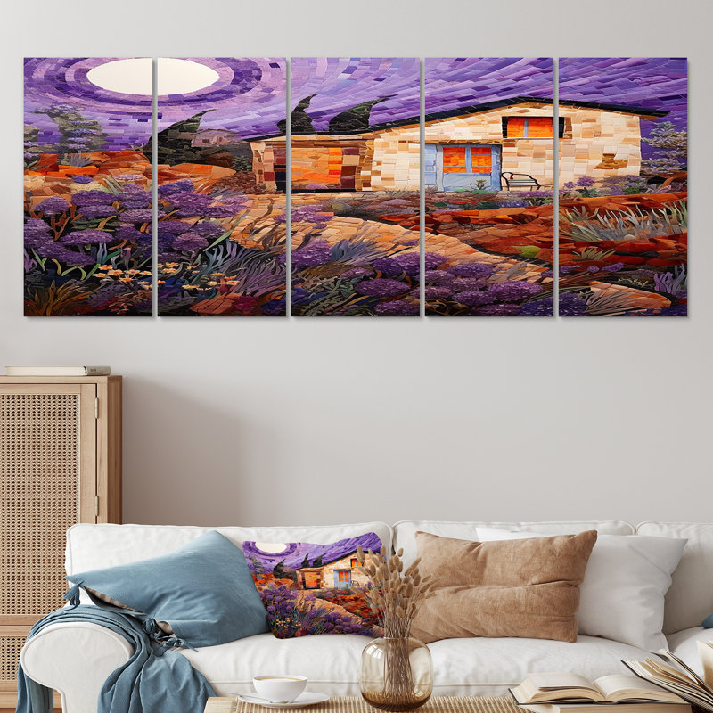 Maison de campagne blanche, pleine lune, ciel mauve - paysage, art mural 5 pièces, H 32 po x l 80 po
