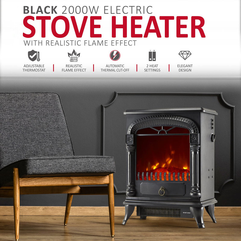 E Cairns 37.5cm W Black Electric Fireplace with 1950 BTU
