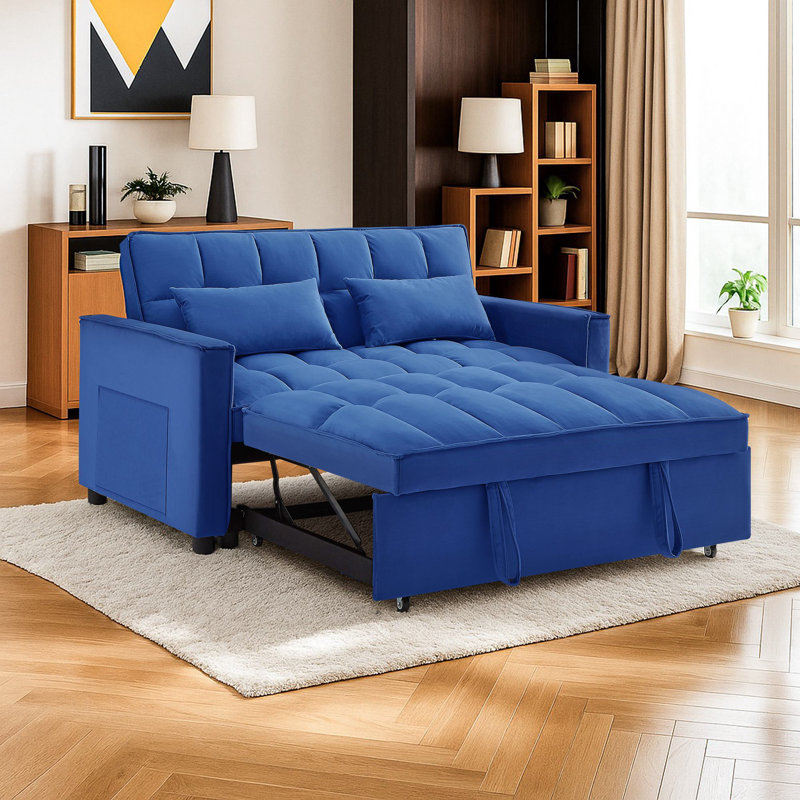 54" Velvet Convertible 3-In-1 Sofa Bed, Blue