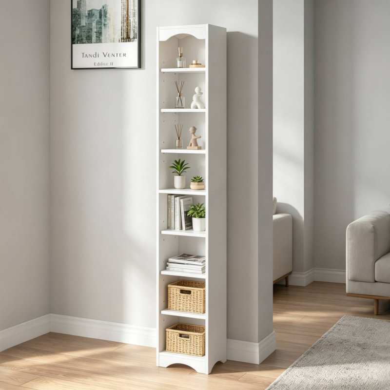 8-Tier Corner Bookshelf, Tall Narrow White Bookcase for Small Spaces, Modern Storage Shelf for Living Room, Bedroom, or Office
