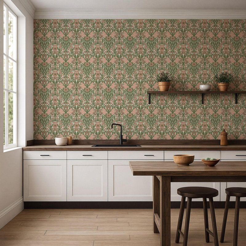 Wild Meadow - Wallpaper, Sage Pink, Faux Grasscloth, Non-Pasted