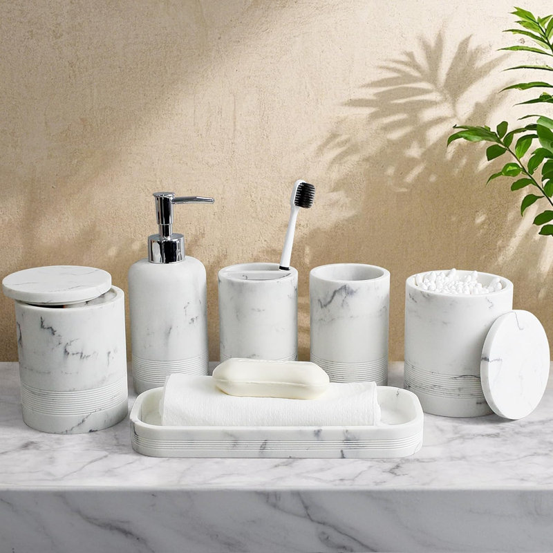 Ensemble d'accessoires de salle de bain 6 pièces, ensemble de rangement avec distributeur de savon