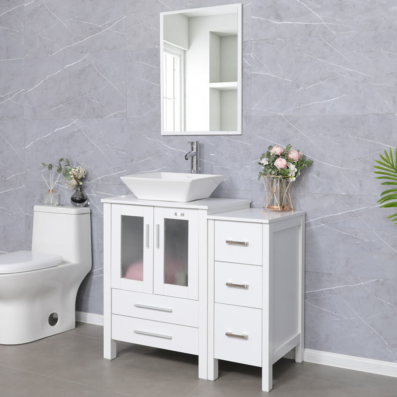 Ensemble de meuble-lavabo simple 3 po avec lavabo vasque, robinet, bonde 3 po 3, Blanc