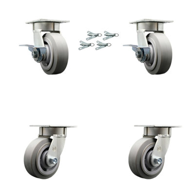6 Inch Kingpinless Thermoplastic Rubber Wheel Caster Set 4 Swivel Locks 2 Brakes