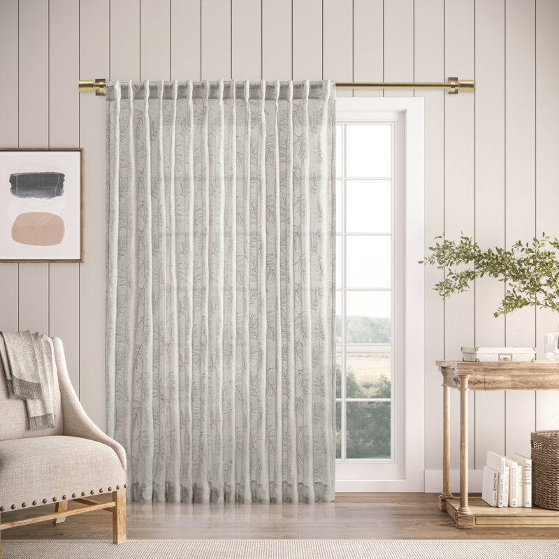 Roodhouse Premium Leaf Embroidered Semi-Sheer Rod Pocket Double Wide Patio Curtain Panel, Gray