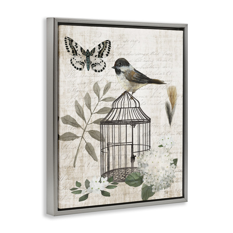 Cadre flottant rétro Menagerie Bird Florals, design par Nan, H 21 po x l 17 po, Cadre flottant gris lustré