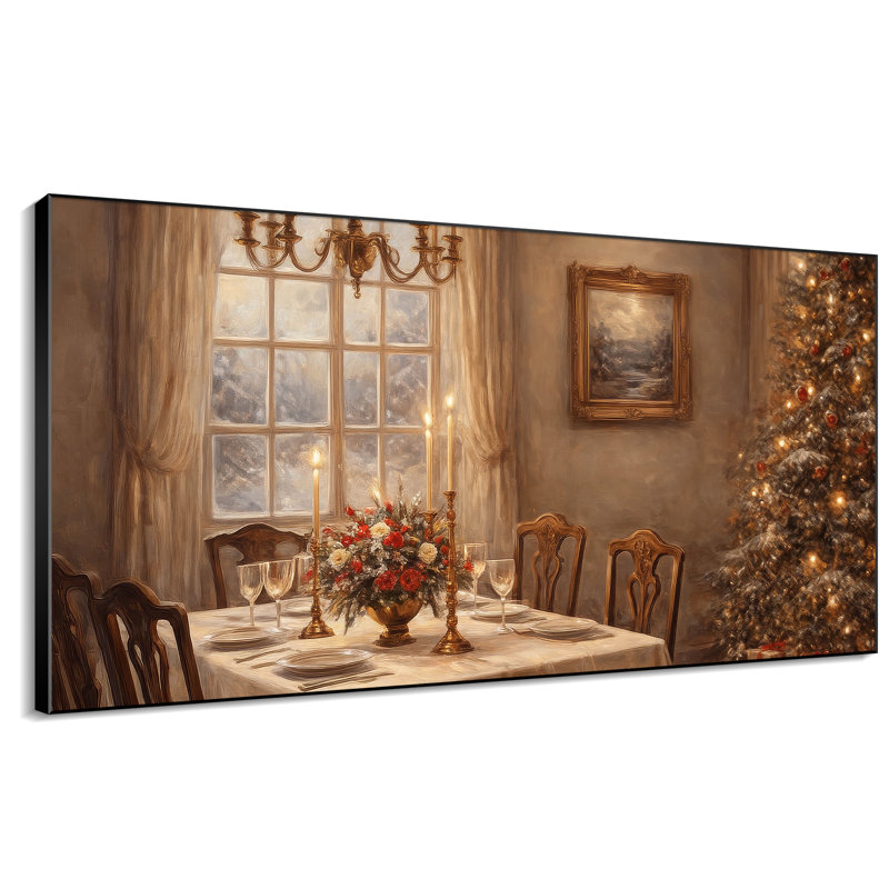Très grand art mural imprimé sur tissu - Table de salle à manger de Noël brun, décor de salle à manger rustique - «Assemblage requis du cadre (cadre non fini)»
