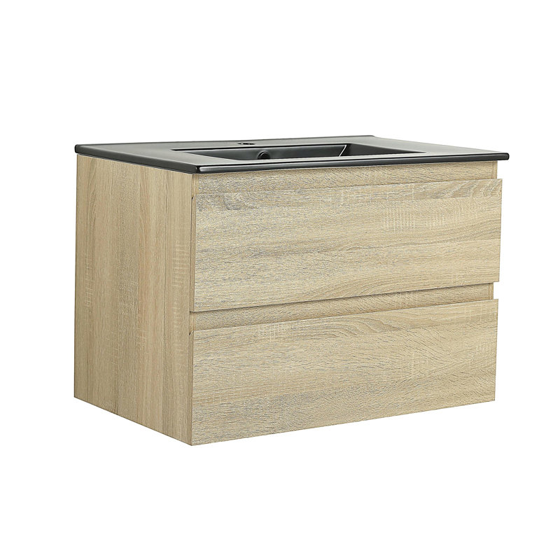 Coiffeuse murale avec lavabo en céramique et 2 tiroirs à fermeture en douceur, Light Oak, 30", Noir