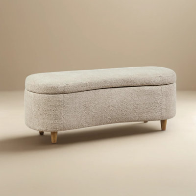 Curved Storage Accent Bench With Flip-Top Lid, Upholstered In Soft Bouclé-Style Fabric And Solid Wood Legs For Bedroom, Entryway, Or Living Room