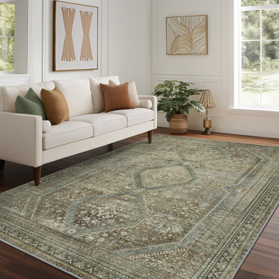 Vintage Neutral Oriental Green / Beige Machine Washable Non-Slip Indoor Area Rugs