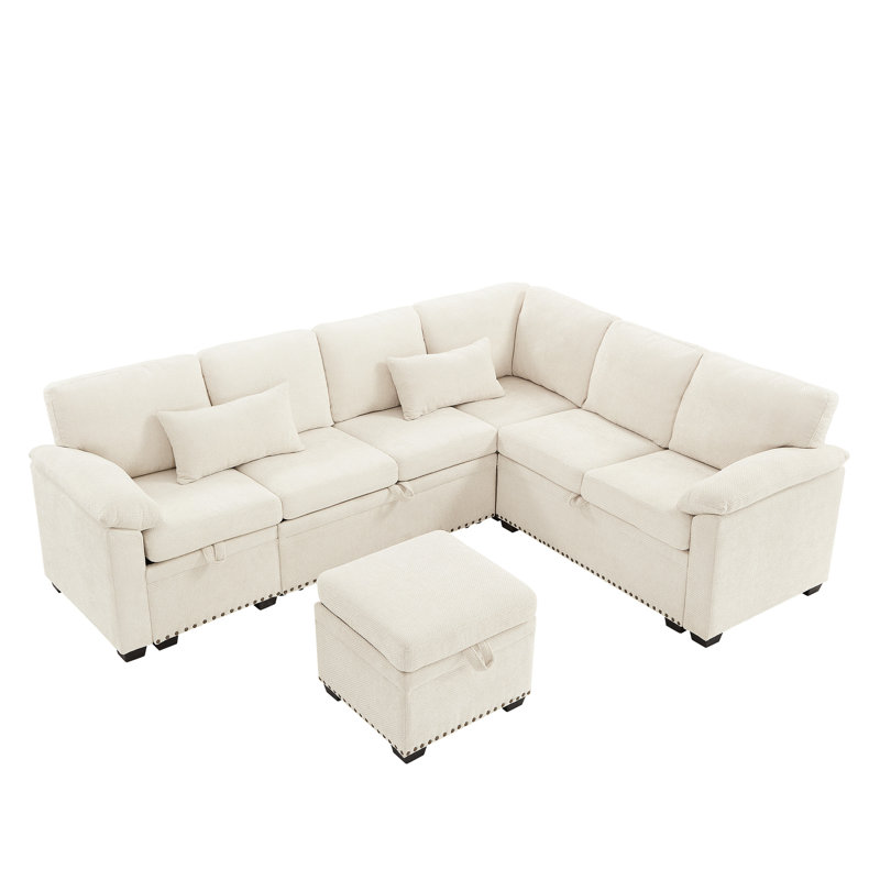 L-Shaped Chenille Sectional With 7 Seats, Storage, Beige , 97 Inch For Decor 7 Capacity And Storage