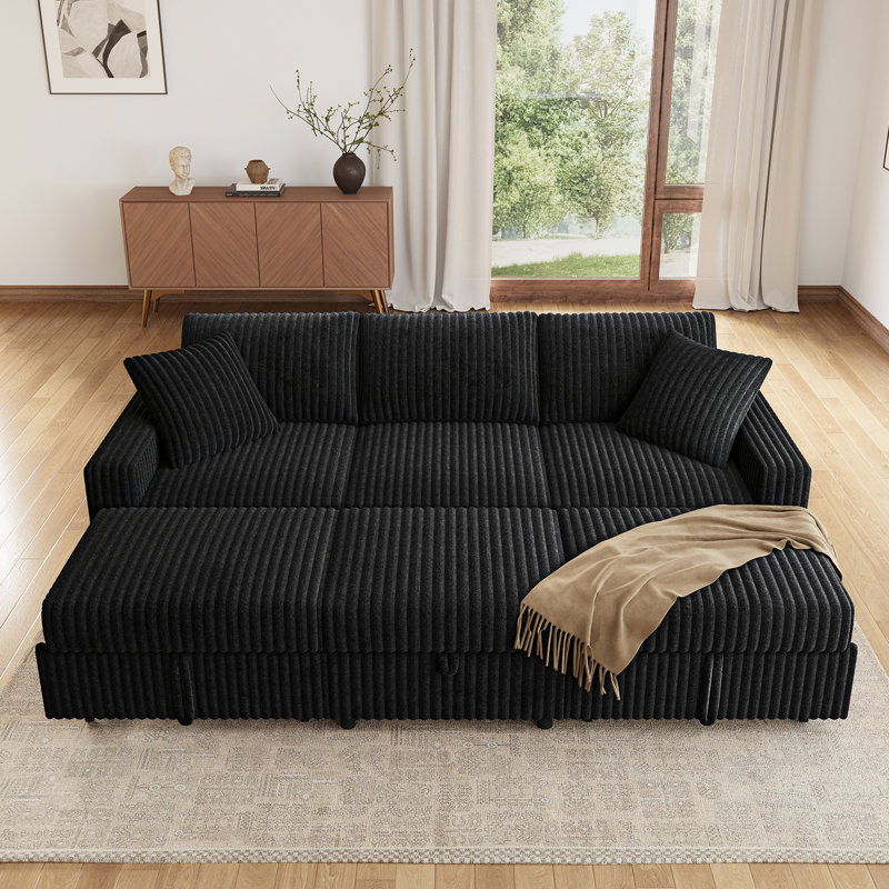 Canapé-lit modulaire Brunella Corduroy, Velours côtelé noir