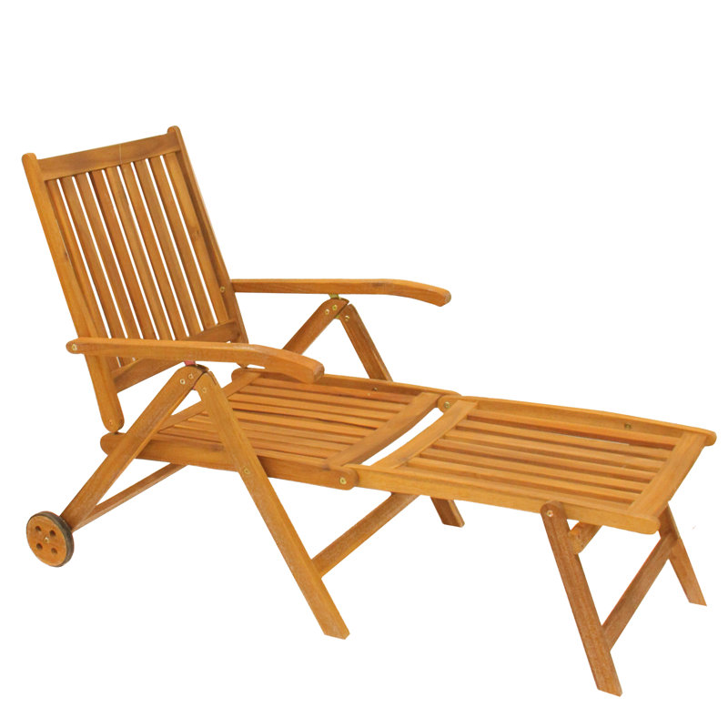 55" Acacia Wood Outdoor Chaise Lounge Chair with Brown Cushion