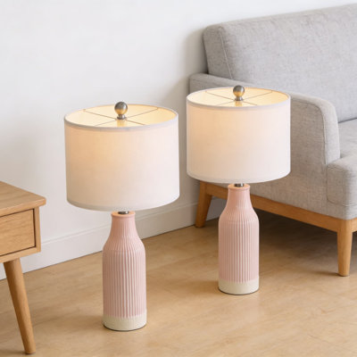 Modern Ceramic Table Lamp Set Of 2 With Fabric Shade, Farmhouse Bedside Lamp For Bedroom, Living Room, Office, And Dorm Decor