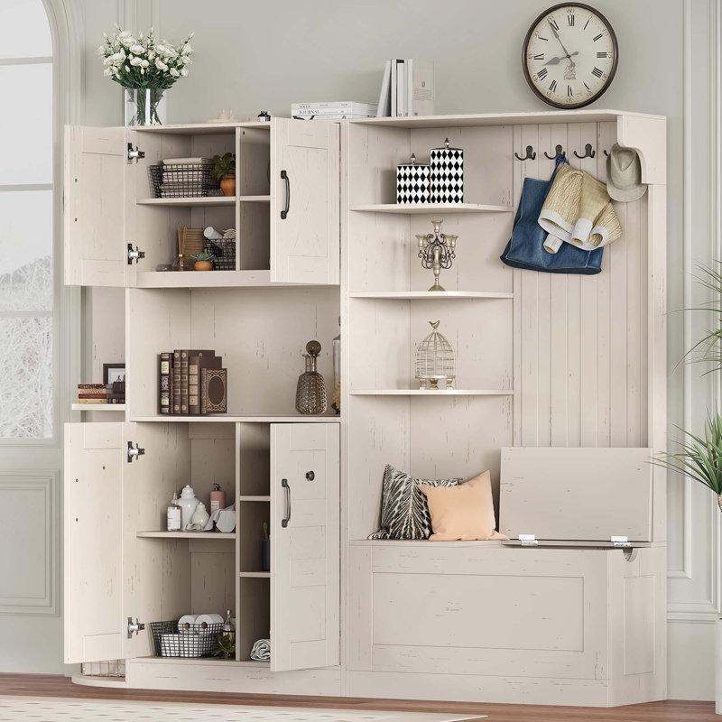 Armoire d'arbre de couloir multifonctionnelle gauche-droite avec rangement et 4 crochets pour le salon et le couloir, Beige