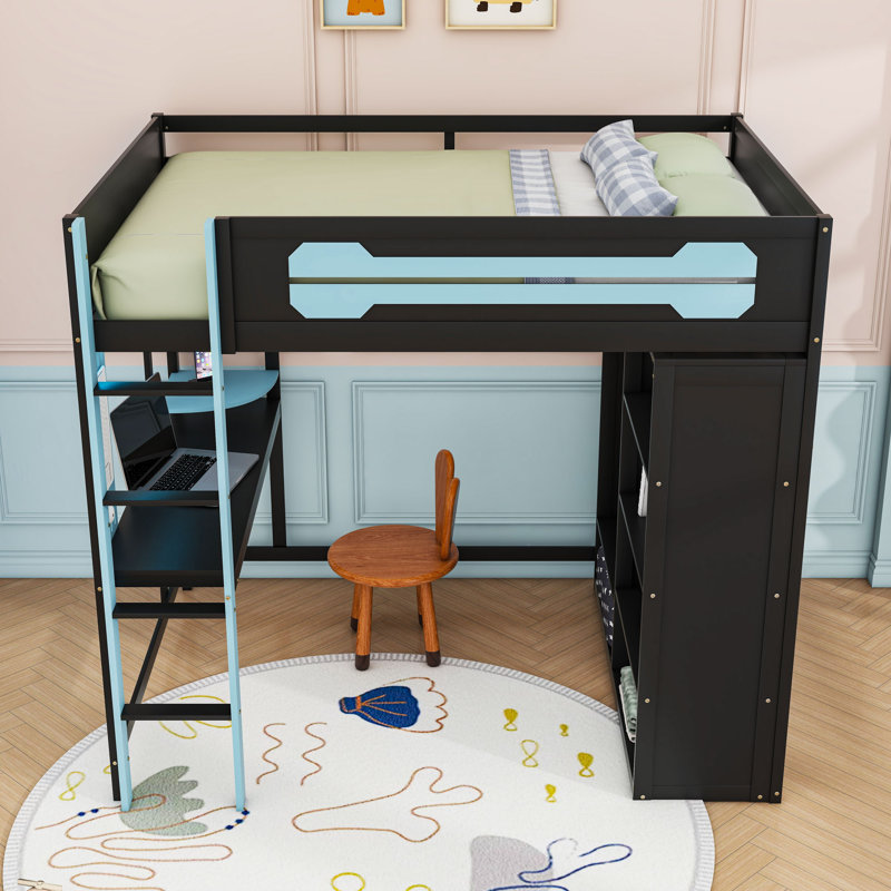Full Size Wood Loft Bed with RGB Lighting and Desk, Blue