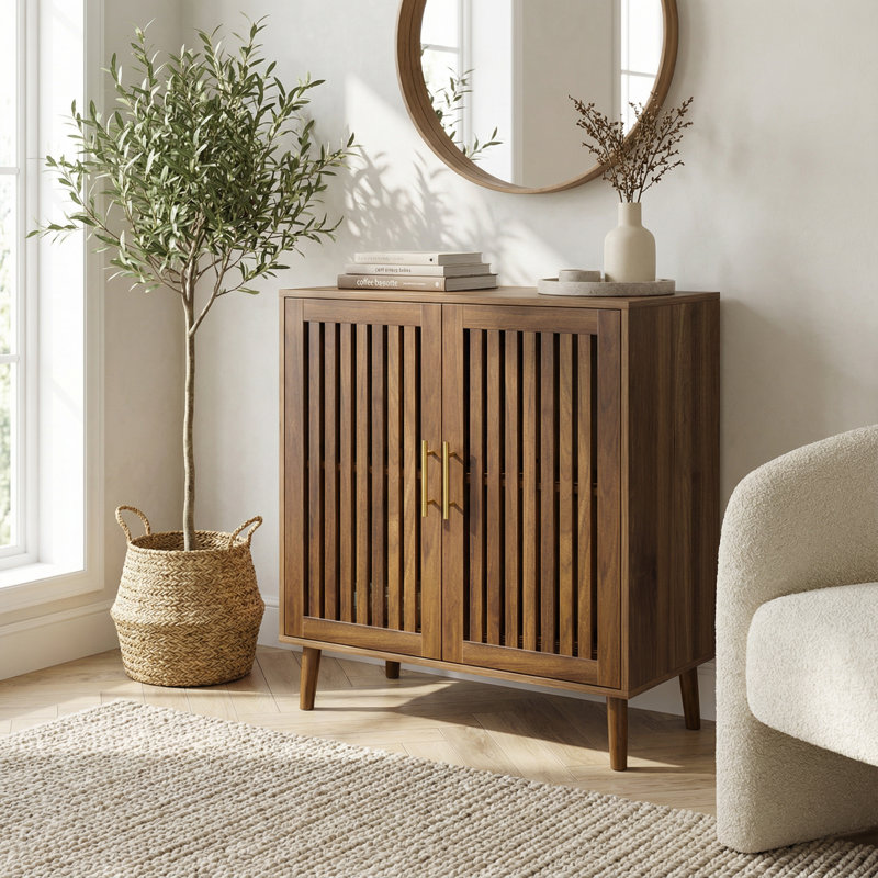 Buffet de style campagnard moderne avec portes à lattes et tablettes réglables pour des solutions de rangement polyvalentes dans le salon, la salle à manger ou la cuisine