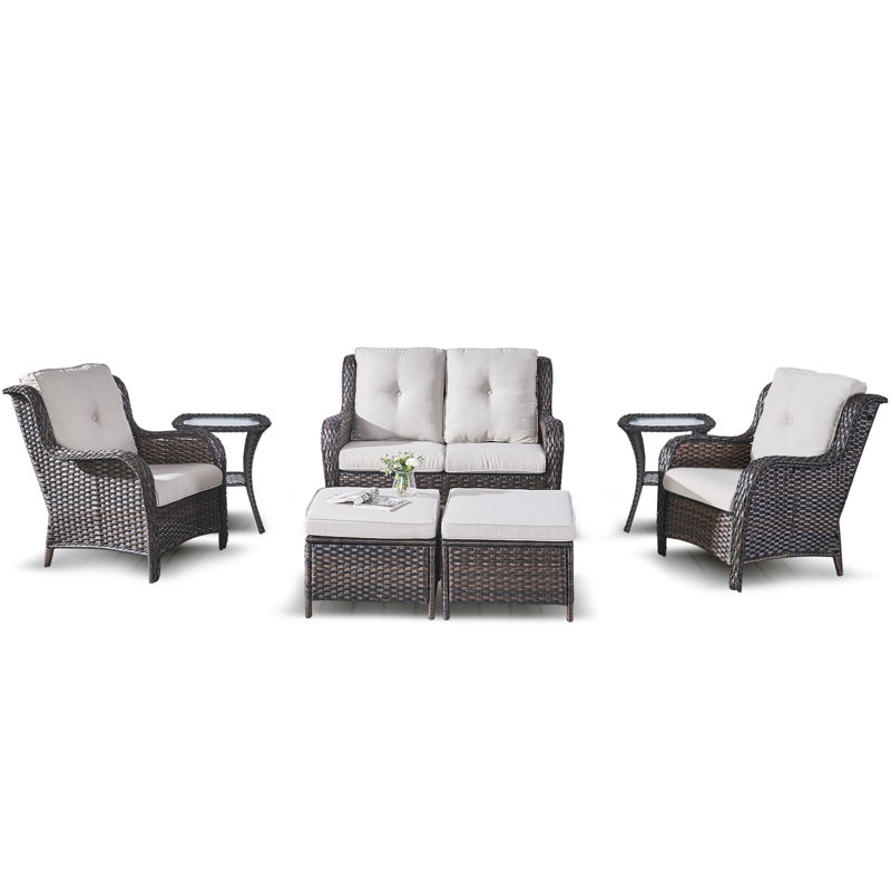 Ensemble de conversation avec canapé en rotin 7 pièces avec coussins Bonia, Beige, Brun