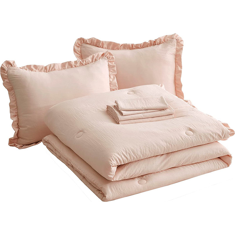 Ruffled Edge Microfiber Bed in a Bag Comforter Set, Queen Comforter + 6 Additional Pieces, Blush