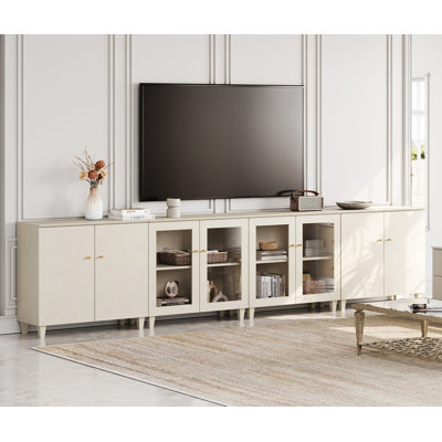 Meuble télé en bois pour téléviseur de 120 po ou moins, armoires média extra larges avec portes en verre, tablettes réglables et gestion des câbles