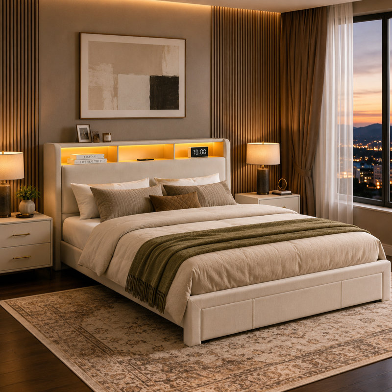 Lit plateforme tapissier avec rangement Beige