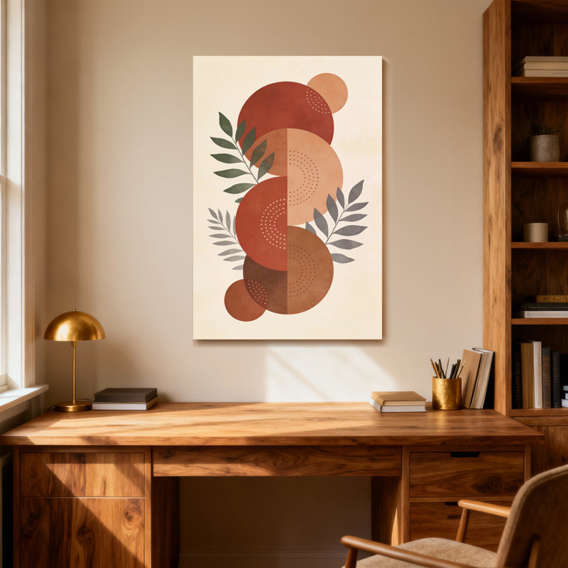 Abstrait, cercles abstraits, feuilles, tons de terre, H 40 po x l 28 po