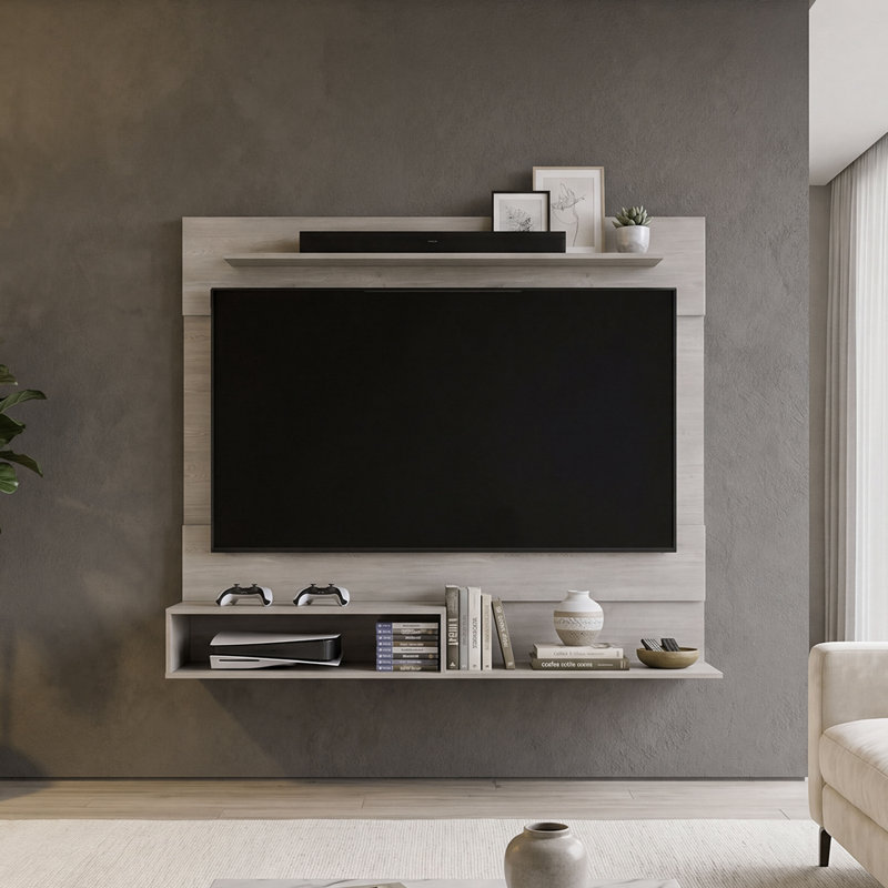 Meuble télé mural flottant Ebern Designs pour téléviseurs de 55 pouces avec étagères ouvertes et rangement multimédia