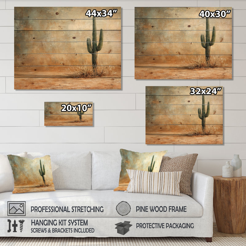 Minimalisme Cactus dans le vent du désert II - Décoration murale en bois de cactus floral - sur bois de pin naturel
