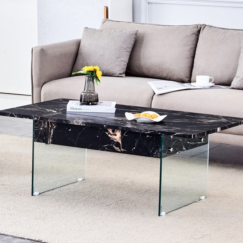 Bureau à plateau relevable multifonctionnel en marbre noir - pieds en verre trempé, table basse ergonomique antidérapante avec motif et plusieurs options de couleurs