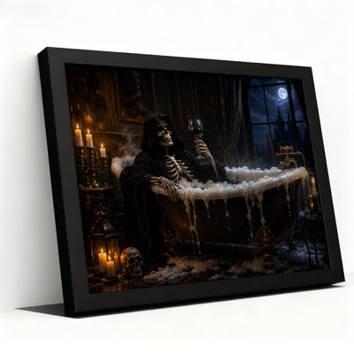 Gothic Skeleton in Bathtub with Wine Glass and Halloween Canvas Wall Art