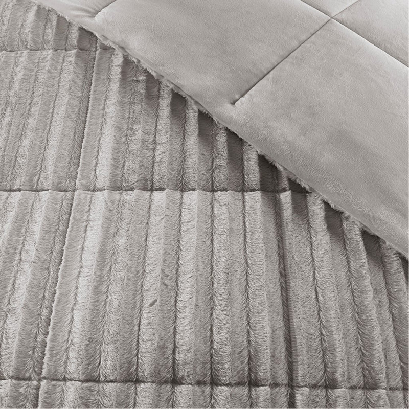 Mini ensemble d'édredon en fausse fourrure, Édredon très grand + 2 taies décoratives, Gris