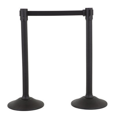 US Weight Black Plastic Stanchion for Crowd Control with 6.5' Retractable Black Barrier Belt with Tool-Free Assembly and Belt Ends that Fit Most Brands - 2 PK
