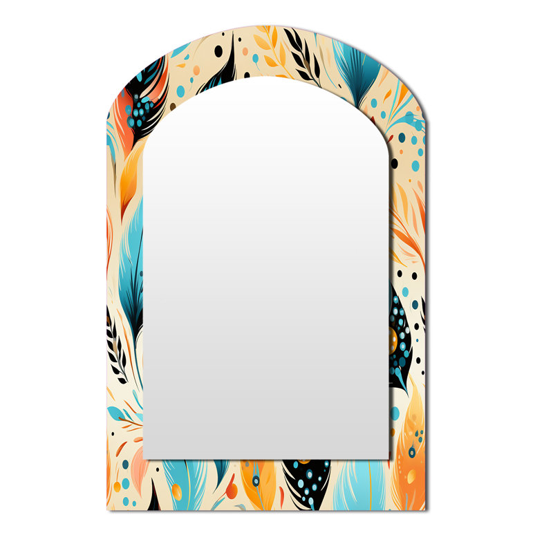 Plume de bohème éclectique jaune et bleu - miroir décoratif asymétrique bohème, miroir mural bohème, 43 po x 33 po