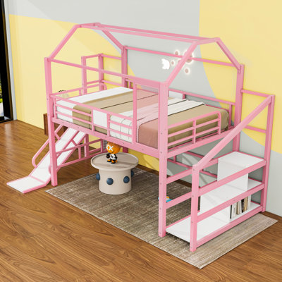 Metal House-Shaped Loft Bed With Stairs And Slide